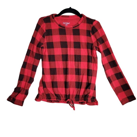 Cat & Jack Red Plaid Long Sleeve Drawstring Shirt Girls Size M 7/8 1089 - Picture 1 of 6